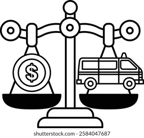 A scale with a dollar sign on one side and a van on the other. The dollar sign represents money and the van represents a vehicle. The scale is balanced