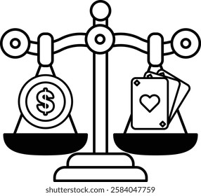 A scale with a dollar sign on one side and a deck of cards on the other. The scale is balanced, but the cards are not