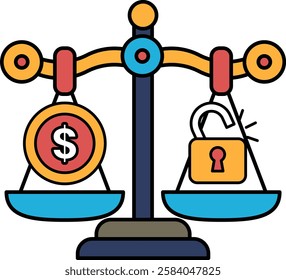 A scale with a dollar sign on one side and a lock on the other. The dollar sign represents money, while the lock represents security. The image conveys the idea that money is valuable