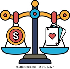 A scale with a dollar sign on one side and a deck of cards on the other. The scale is balanced, but the cards are not