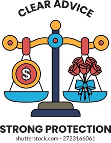 A scale with a dollar sign on one side and a bouquet of roses on the other. The scale is balanced, with the dollar sign on the left and the roses on the right