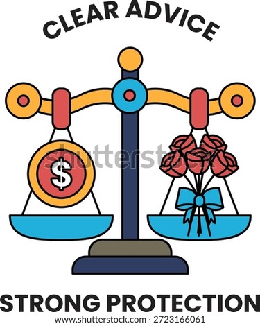 A scale with a dollar sign on one side and a bouquet of roses on the other. The scale is balanced, with the dollar sign on the left and the roses on the right