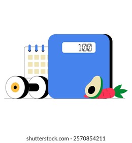 Scale With Dumbbell And Healthy Food In Flat Vector Illustration Symbolizing Weight Management, Fitness Goals, And Nutrition, Isolated On White Background