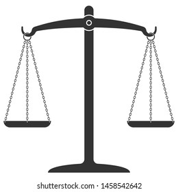 Scale with empty bowls balanced in the middle. Symbol of law, justice and equality. Editable vector silhouette isolated on white. Black contour of scales balance for juridical and trade design. 