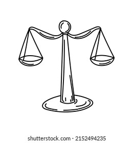 Señal de equidad de escala, escala el doodle dibujado a mano en estilo de esbozo. El equilibrio de la evaluación de los procesos judiciales en cuestiones jurídicas. Corte. Derechos. Justicia.