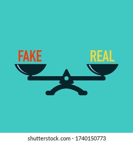 Scale with fake and real on modern background. vector. Concept of fake news