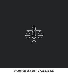 Logotipo de arte de linha de escala e pena representando justiça e equilíbrio.