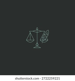 Logotipo da arte da linha da escala e da pena representando a justiça e a harmonia.