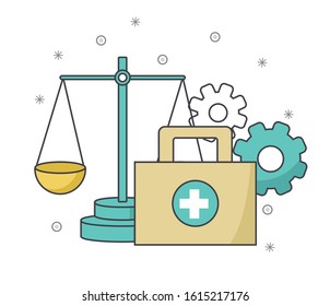 Scale with first aid kit and gears over white background, vector illustration