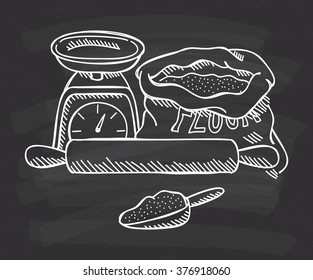 scale, flour and rolling pin doodle on chalkboard  background