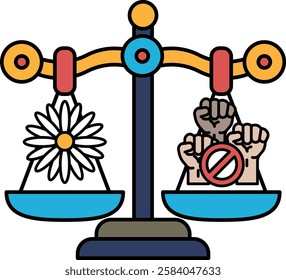 A scale with a flower on one side and two hands on the other side. The flower represents peace and the hands represent violence