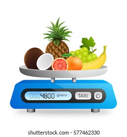 Scale with fruits. Pineapple, coconut, grapefruit, banana, grapes