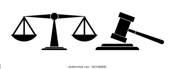 Scale and gavel, Court judgment law icons.  Editable vector illustrations, Black on white color