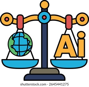 Uma escala com um globo e as letras AI nele. O globo representa o mundo e a escala representa o equilíbrio de poder. As letras AI representam inteligência artificial