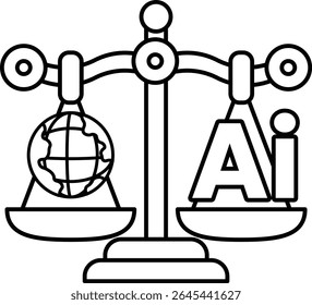 Uma escala com um globo e as letras AI nele. O globo representa o mundo e a escala representa o equilíbrio de poder. As letras AI representam inteligência artificial