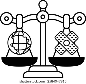 A scale with a globe on one side and a bandage on the other. The scale is balanced, but the globe is larger than the bandage