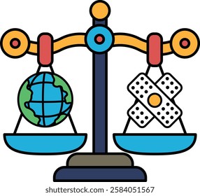 A scale with a globe on one side and a cross on the other. The globe represents the world and the cross represents the idea of taking away life