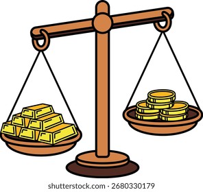 A scale with gold bars on one side and coins on the other
