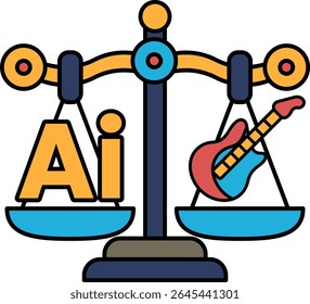 A scale with a guitar on one side and the letters AI on the other. The scale is balanced, but the guitar is on the lighter side