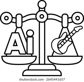 A scale with a guitar on one side and the letters AI on the other. The scale is balanced, but the guitar is on the lighter side