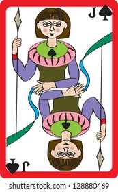 Scale hand drawn illustration of a playing card representing the jack of spades, one element of a deck