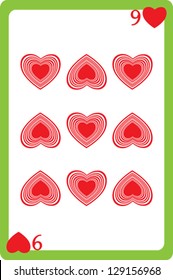 Scale hand drawn illustration of a playing card representing the nine of hearts, one element of a deck