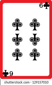 Scale hand drawn illustration of a playing card representing the six of clubs, one element of a deck