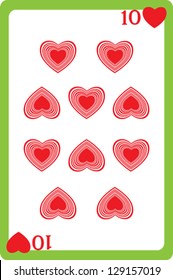 Scale hand drawn illustration of a playing card representing the ten of hearts, one element of a deck