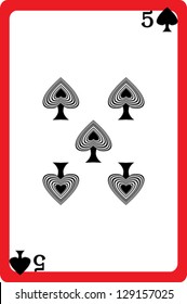 Scale hand drawn illustration of a playing card representing the five of spades, one element of a deck