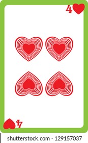 Scale hand drawn illustration of a playing card representing the four of hearts, one element of a deck