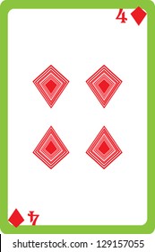 Scale hand drawn illustration of a playing card representing the four of diamonds, one element of a deck