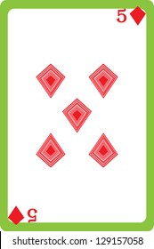 Scale hand drawn illustration of a playing card representing the five of diamonds, one element of a deck