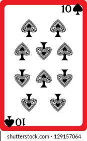 Scale hand drawn illustration of a playing card representing the ten of spades, one element of a deck