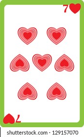 Scale hand drawn illustration of a playing card representing the seven of hearts, one element of a deck