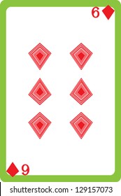 Scale hand drawn illustration of a playing card representing the six of diamonds, one element of a deck