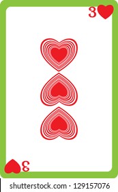 Scale hand drawn illustration of a playing card representing the three of hearts, one element of a deck