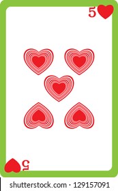 Scale hand drawn illustration of a playing card representing the five of hearts, one element of a deck