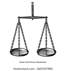 Scale hand drawn illustration in vintage engraving style. Scale of justice drawing