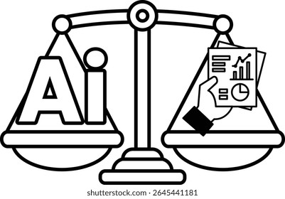 A scale with a hand holding a piece of paper with a red and blue bar graph on it. The scale is labeled AI