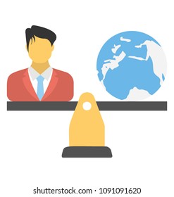 
A scale having person at one end and globe on other showing businessman balancing scale
