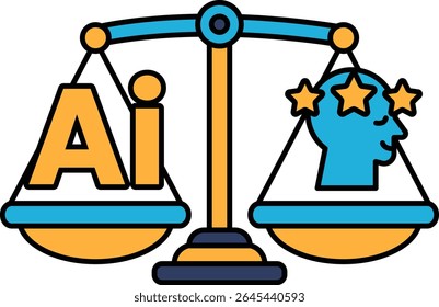 A scale with a head on one side and the letters AI on the other. The scale is balanced, with the head on the left side and the letters on the right
