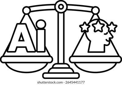 A scale with a head on one side and the letters AI on the other. The scale is balanced, with the head on the left side and the letters on the right