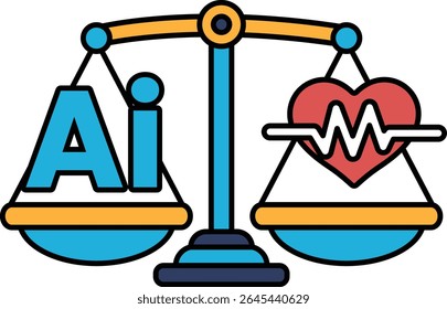 A scale with a heart and the letters AI on it. The scale is balanced with the heart on the right side and the letters AI on the left side
