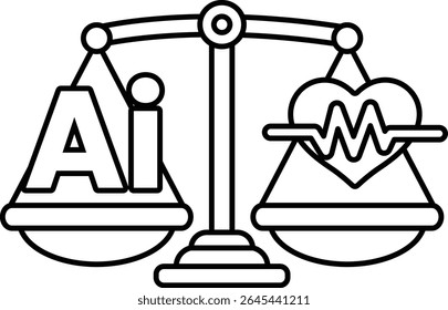 A scale with a heart and the letters AI on it. The scale is balanced with the heart on the right side and the letters AI on the left side