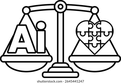 Uma balança com um coração e as letras AI nela. A escala é equilibrada com o coração de um lado e as letras AI do outro