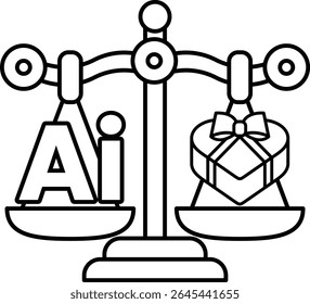 A scale with a heart and the letters AI on it. The scale is balanced with the heart on one side and the letters AI on the other