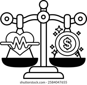 A scale with a heart on one side and a dollar sign on the other. The heart represents health and the dollar sign represents money. The scale is balanced