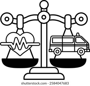 A scale with a heart on one side and a van on the other. The heart represents health and the van represents transportation