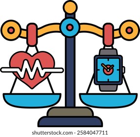 A scale with a heart on one side and a watch on the other. The heart represents health and the watch represents time. The scale is balanced