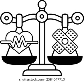 A scale with a heart on one side and a bandage on the other. The heart represents health and the bandage represents injury or illness. The scale is a symbol of balance